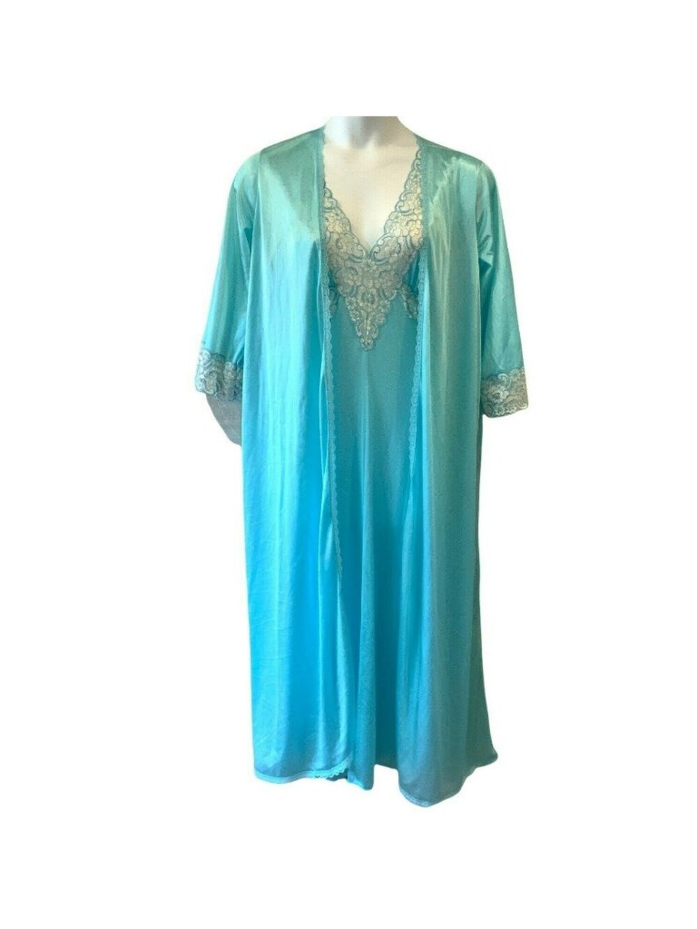 Jill Andrea Of New York Turquoise Satin Lace Nightgown & Peignoir Set Size Large